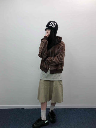 Retro Cozy Striped Oversized Zip-Up Hoodie