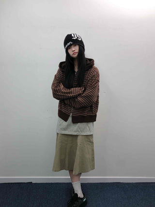 Retro Cozy Striped Oversized Zip-Up Hoodie