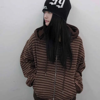 Retro Cozy Striped Oversized Zip-Up Hoodie