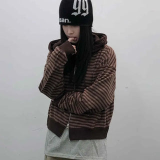Retro Cozy Striped Oversized Zip-Up Hoodie