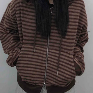 Retro Cozy Striped Oversized Zip-Up Hoodie