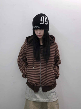 Retro Cozy Striped Oversized Zip-Up Hoodie