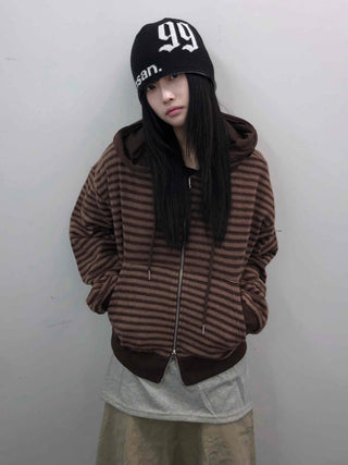 Retro Cozy Striped Oversized Zip-Up Hoodie