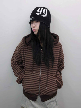 Retro Cozy Striped Oversized Zip-Up Hoodie
