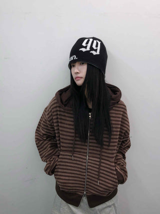 Retro Cozy Striped Oversized Zip-Up Hoodie