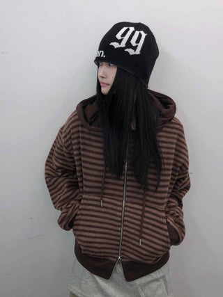 Retro Cozy Striped Oversized Zip-Up Hoodie