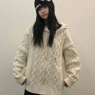 Cable Knit Loose Fit Zip-Up Hoodie