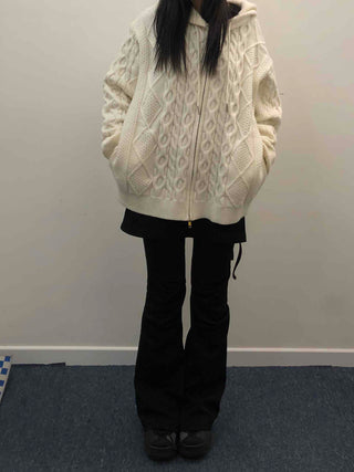 Cable Knit Loose Fit Zip-Up Hoodie