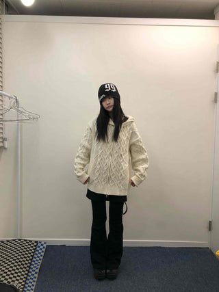 Cable Knit Loose Fit Zip-Up Hoodie