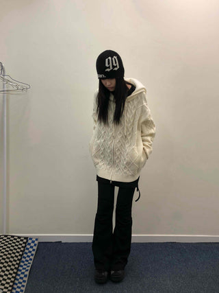 Cable Knit Loose Fit Zip-Up Hoodie