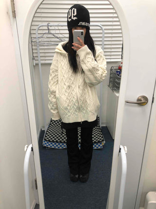 Cable Knit Loose Fit Zip-Up Hoodie