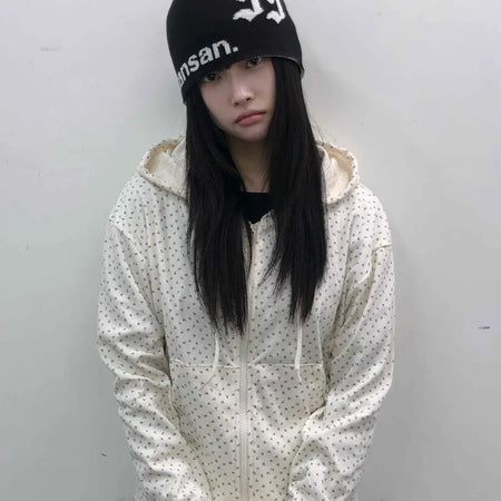 Loose Fit Elastic Waist Flower Dot Zip-Up Hoodie