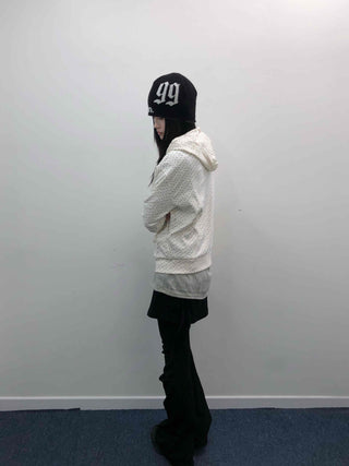 Loose Fit Elastic Waist Flower Dot Zip-Up Hoodie