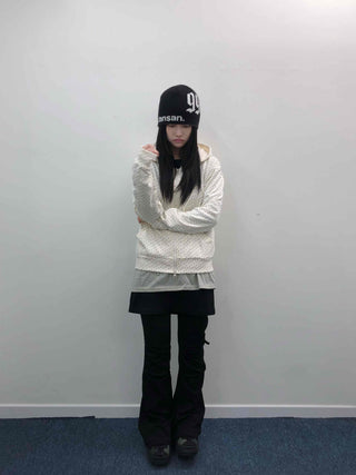 Loose Fit Elastic Waist Flower Dot Zip-Up Hoodie