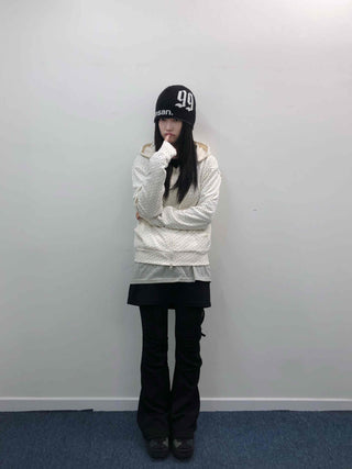 Loose Fit Elastic Waist Flower Dot Zip-Up Hoodie