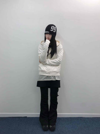 Loose Fit Elastic Waist Flower Dot Zip-Up Hoodie