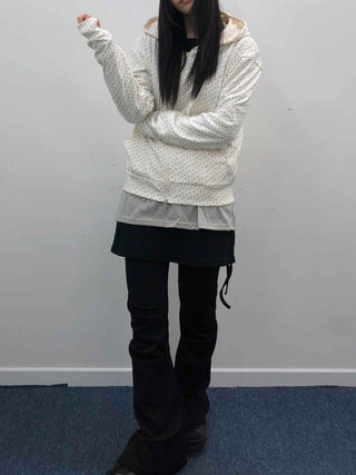 Loose Fit Elastic Waist Flower Dot Zip-Up Hoodie