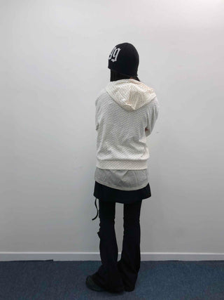 Loose Fit Elastic Waist Flower Dot Zip-Up Hoodie
