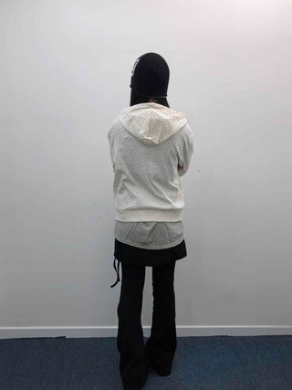 Loose Fit Elastic Waist Flower Dot Zip-Up Hoodie