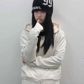 Loose Fit Elastic Waist Flower Dot Zip-Up Hoodie