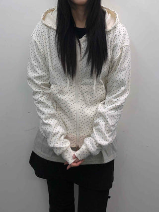 Loose Fit Elastic Waist Flower Dot Zip-Up Hoodie