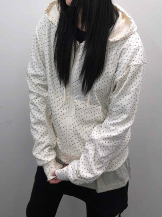Loose Fit Elastic Waist Flower Dot Zip-Up Hoodie