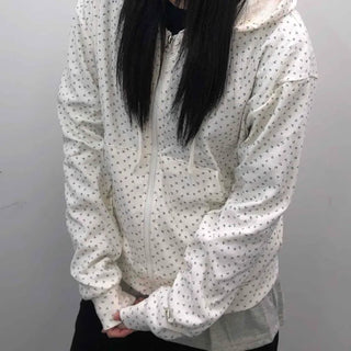 Loose Fit Elastic Waist Flower Dot Zip-Up Hoodie