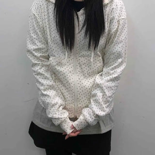 Loose Fit Elastic Waist Flower Dot Zip-Up Hoodie