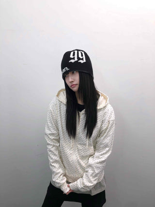 Loose Fit Elastic Waist Flower Dot Zip-Up Hoodie