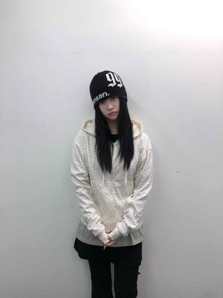 Loose Fit Elastic Waist Flower Dot Zip-Up Hoodie