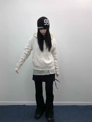 Loose Fit Elastic Waist Flower Dot Zip-Up Hoodie