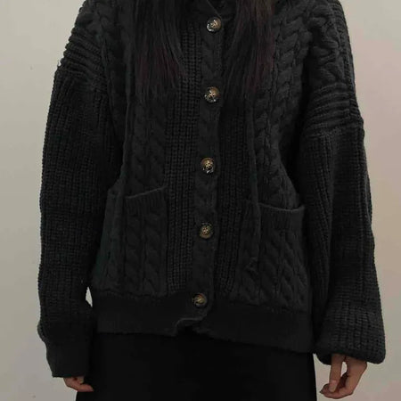 Vintage Cable Waffle Oversized Knit Hooded Cardigan