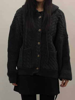 Vintage Cable Waffle Oversized Knit Hooded Cardigan