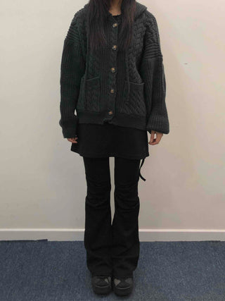 Vintage Cable Waffle Oversized Knit Hooded Cardigan