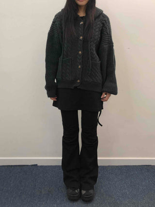 Vintage Cable Waffle Oversized Knit Hooded Cardigan