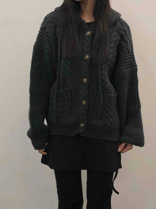 Vintage Cable Waffle Oversized Knit Hooded Cardigan