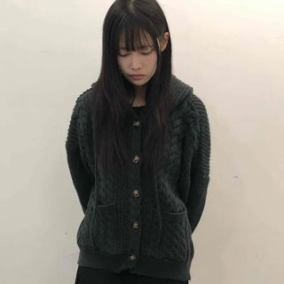 Vintage Cable Waffle Oversized Knit Hooded Cardigan