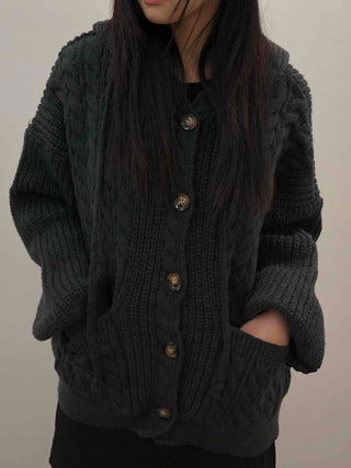 Vintage Cable Waffle Oversized Knit Hooded Cardigan