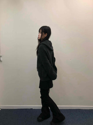 Vintage Cable Waffle Oversized Knit Hooded Cardigan