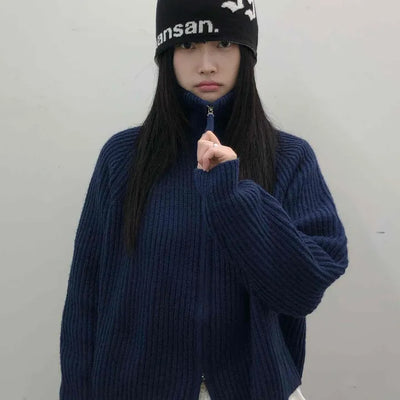 Oversized Rib Knit Zip-Up Cardigan