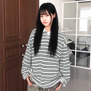Kuel Striped Oversized Collared Long Sleeve Tee