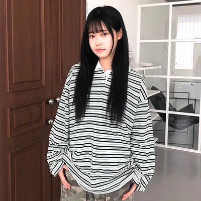 Kuel Striped Oversized Collared Long Sleeve Tee