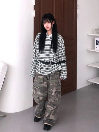 Kuel Striped Oversized Collared Long Sleeve Tee
