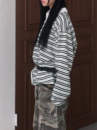 Kuel Striped Oversized Collared Long Sleeve Tee