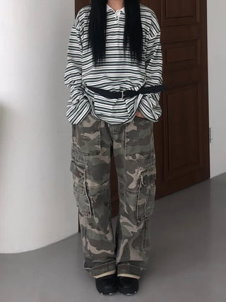 Kuel Striped Oversized Collared Long Sleeve Tee