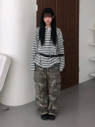 Kuel Striped Oversized Collared Long Sleeve Tee