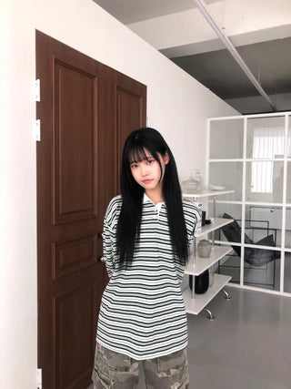 Kuel Striped Oversized Collared Long Sleeve Tee