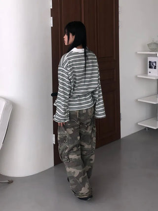 Kuel Striped Oversized Collared Long Sleeve Tee