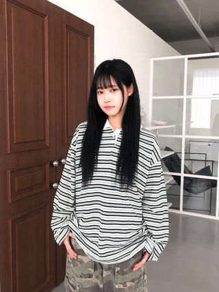 Kuel Striped Oversized Collared Long Sleeve Tee