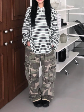 Kuel Striped Oversized Collared Long Sleeve Tee
